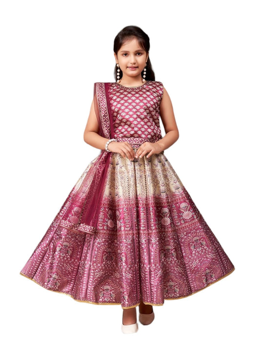 Aarika Girls Ethnic Wear Wine Colour Floral Print Embellished Stone Silk Lehenga Choli Set (5-11 Years)