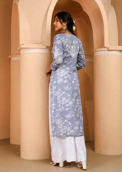 Gosriki Women'S Cotton Blend Chikankari Embroidered Straight Kurta (Zainab Grey-Nw-Gs_Xl_Grey_X-Large)