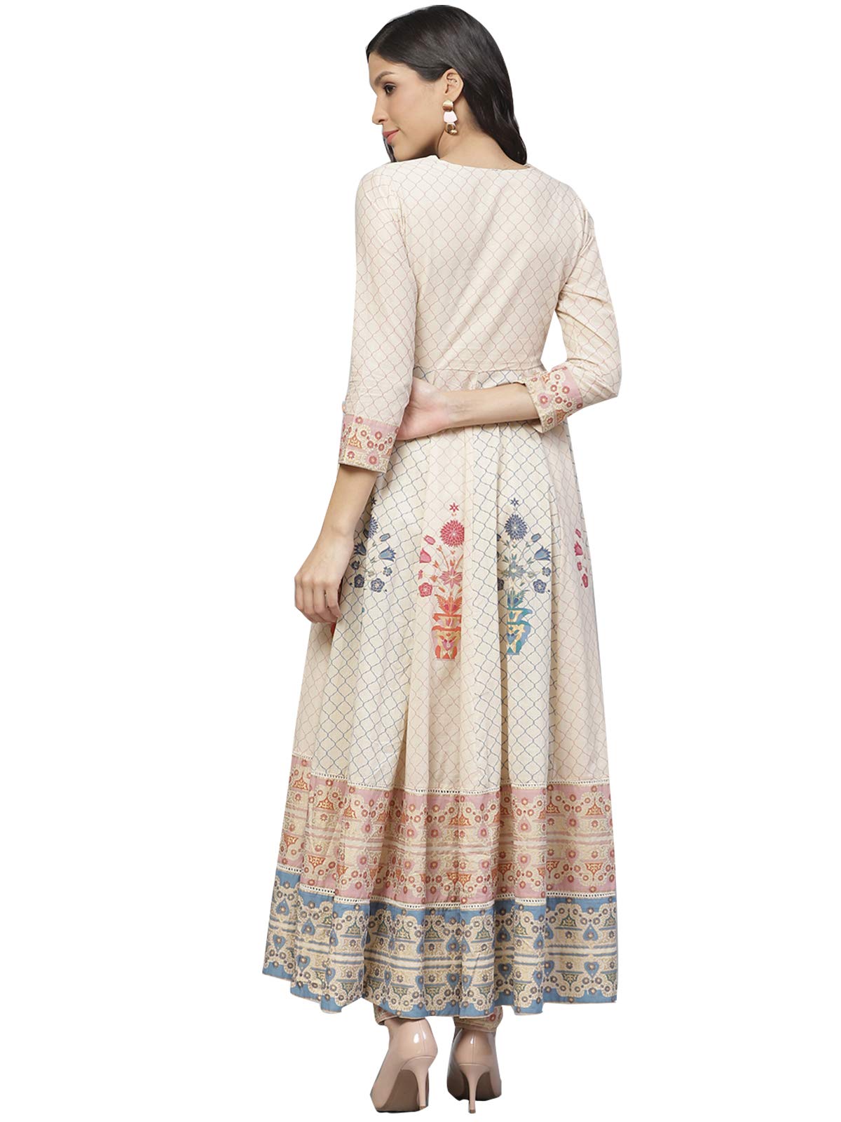 ishin Women's Cotton Anarkali Printed Floral Print Beige Kurti