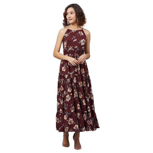 Rare Women'S Crepe Fit And Flare Maxi Casual Dress (Ep7009_Wine_Medium)