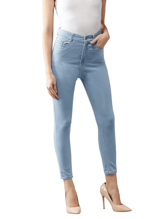 Dolce Crudo Womens Blue Skinny High Rise Ice Wash Clean Look Cropped Solid Stretchable Denim Jeans (DOSS19DEN08-27-158-36, Ligh