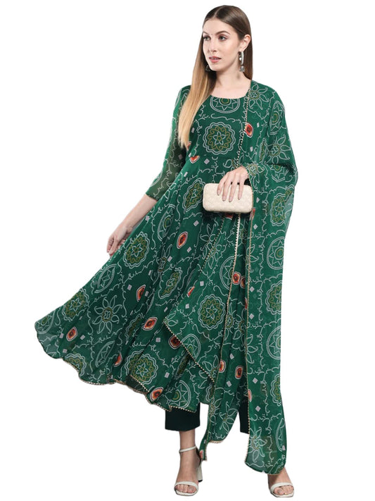 Gosriki WomenS Georgette Bandhani Printed Anarkali Kurta And Pant With Dupatta Set (Preeti Green-Nw-1_Xl-Gs_Green_X-Large)