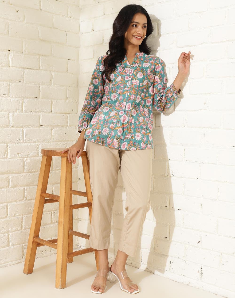 Fabindia WomenS Printed Regular Fit Tunic (1037687Blue- Blue-Pink
