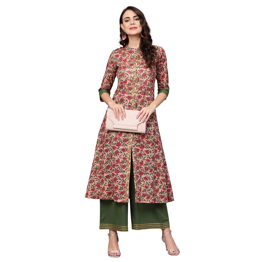 idaLia Floral Print A-Line Kurta Set with Palazzo - Cotton A-Line Kurtas for Women, 3/4 Sleeve, Mandarin Collar, Calf Length
