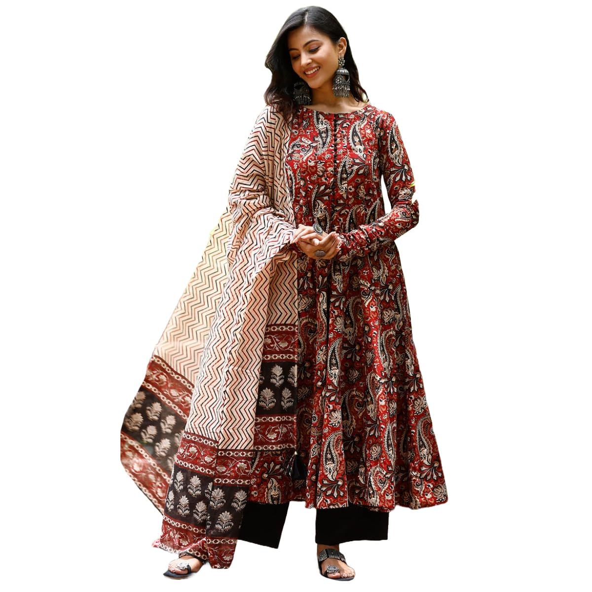 ANNI DESIGNER Women s Anarkali Viscose Kurta with Trousers and Dupatta, Multicolored, Medium