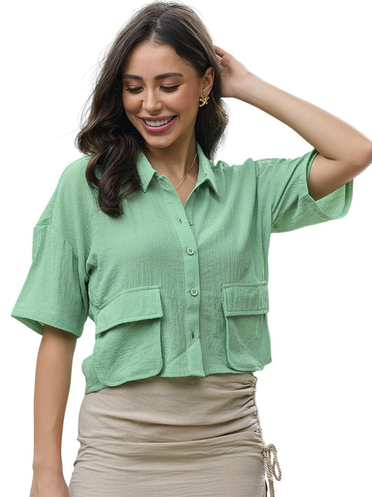 Bewakoof Womens Solid Regular Fit Half Sleeve Collared Neck 100% Polyester Shirt_633537_Green_XL