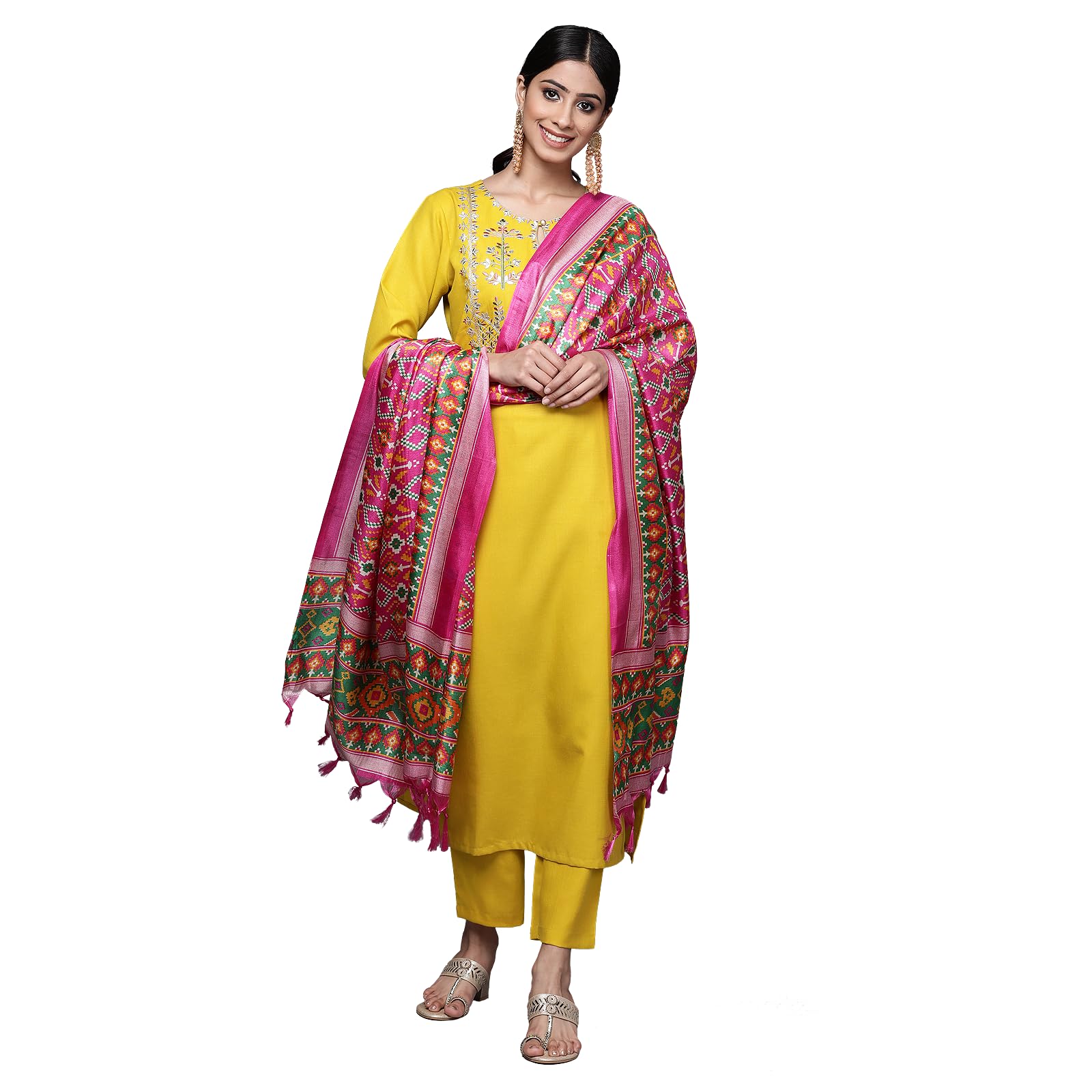 Varanga Women Yellow Yoke Design Kurta With Trousers And Dupatta Set  Embroidered Straight Kurta With Round Collar, Three-Quarte