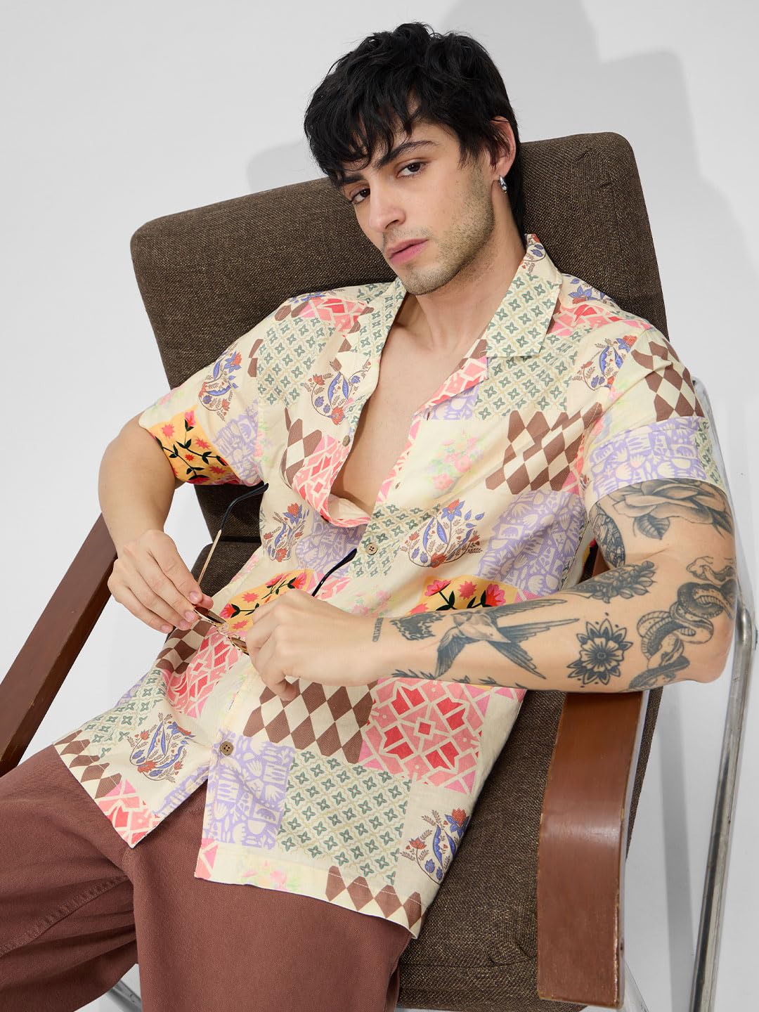 The Souled Store Spade Men and Boys Collared Neck Button Front Multicolor All Over Printed Cotton Half Sleeve Shirts