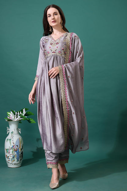 Pratham Blue WomenS Silk Embroidered Anarkali Kurta Palazzos With Dupatta |Kurta Sets For Women |Women Kurta |Women Embroidered
