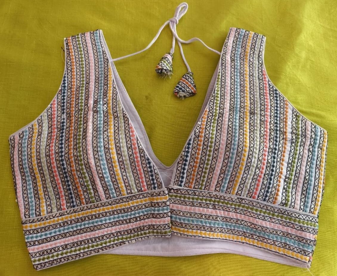 Pujia Mills Womens Sleeveless Readymade sabyasachi Pattern V Neck Blouse Embroidery Work with Sequence Blouse Indian Ethnic wea