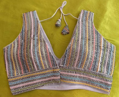 Pujia Mills Womens Sleeveless Readymade sabyasachi Pattern V Neck Blouse Embroidery Work with Sequence Blouse Indian Ethnic wea