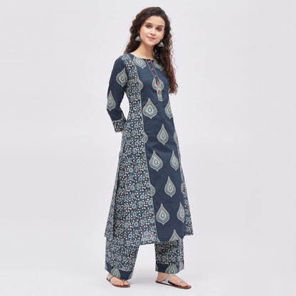 Tissu Women's Cotton Blue & Sea Green Printed Kurta with Palazzo