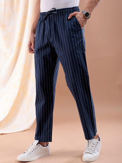 The Indian Garage Co Men Regular Fit Striped Mid-Rise Elasticated Trousers Navy