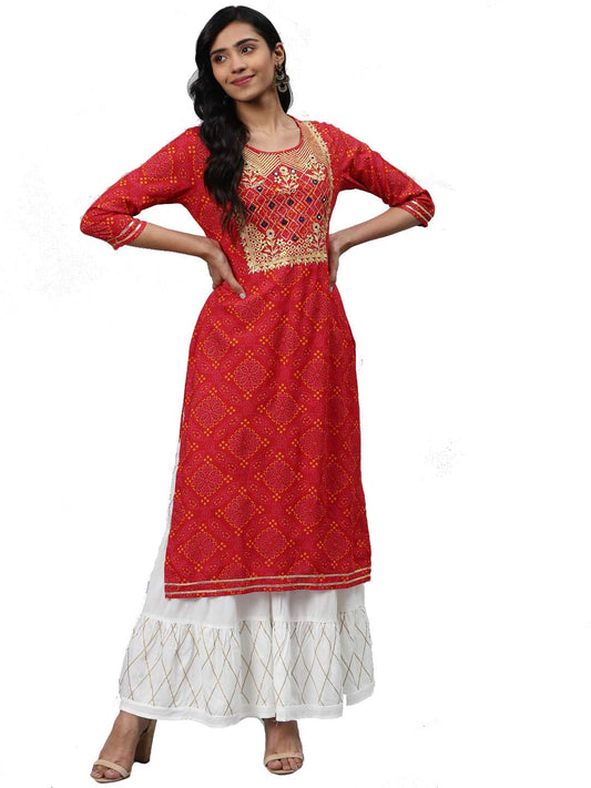 Gosriki WomenS Cotton Bandhani Regular Kurta With Sharara (Saina Myt-Red_Xxl Xx-Large)