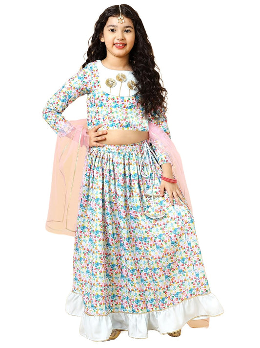 A.T.U.N. (All Things Uber Nice) Girls Blue Cube Printed Lehenga Set