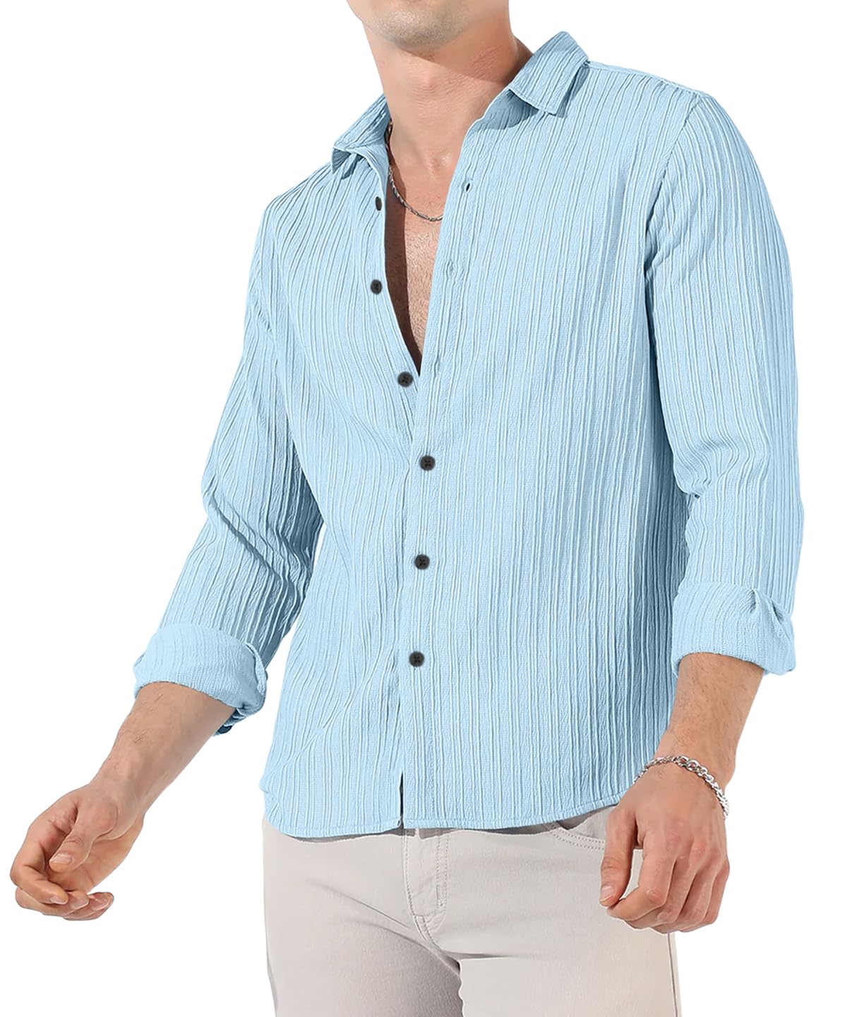 Finivo Fashion MenS Cotton Casual Striped Button Down Shirts Long Sleeve Textured Summer Beach Shirt For Men Sky Blue