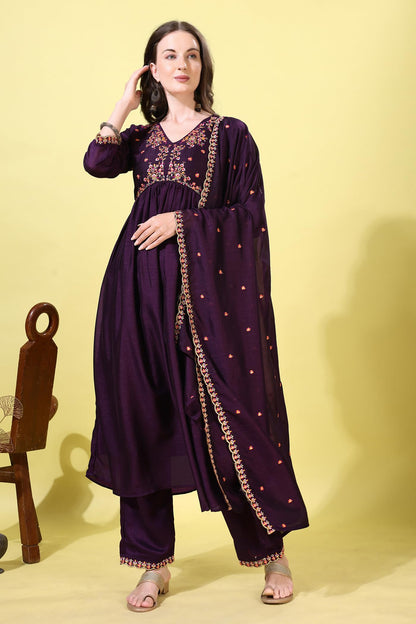 Pratham Blue WomenS Silk Embroidered Anarkali Kurta Palazzos With Dupatta |Kurta Sets For Women |Women Kurta | Women Embroidere