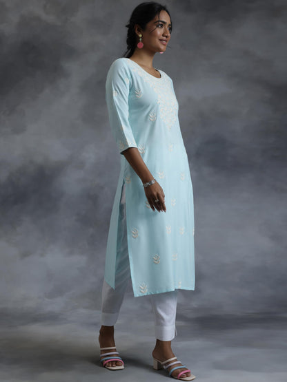Libas WomenS Viscose Rayon Ethnic Motifs Straight Kurta (37113 Blue