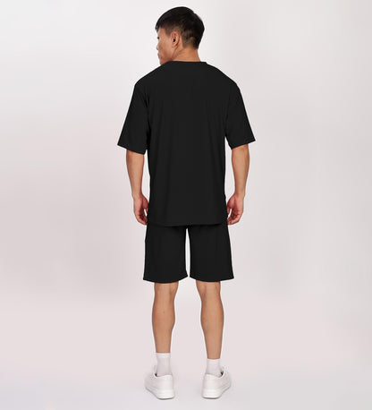 SHODOX Mens Round Neck Solid Relaxed Fit Tshirt and Short Co-ords Set for Mens (Pack of 1) Black