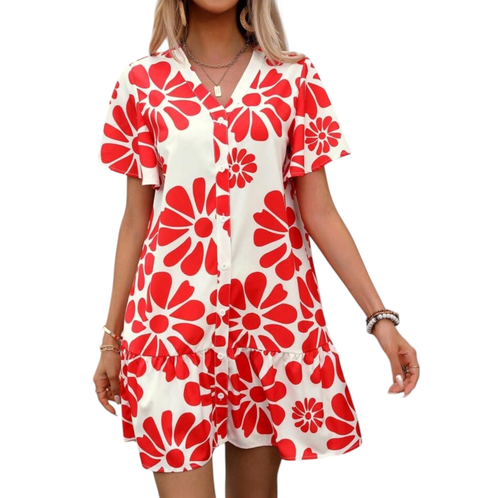 Gufrina Dress For Woman |One Piece Dress For Women |Red Floral Print | Button-Down | Flowy Ruffled Hem, Short Sleeves, And V-Nec