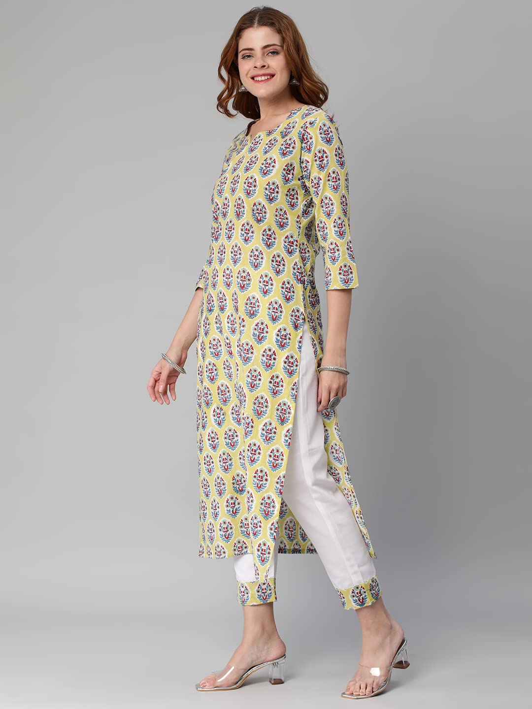 ANNI DESIGNER Women's Cotton Blend Traditional Straight Printed Kurta with Pant Set (Who Green)