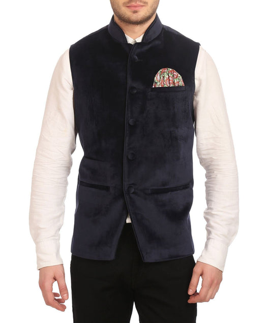 WINTAGE Mens Poly Cotton Festive and Casual Nehru Jacket Vest Waistcoat : Blue, X-Small