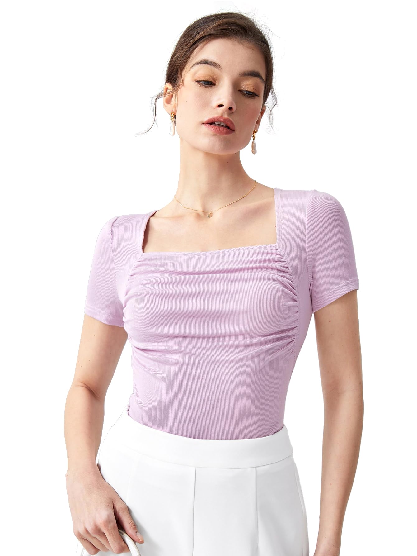 Shasmi Womens & Girls Light Purple Womens Summer Square Neck Solid Color Ruched Tee Workwear Pleated Casual t-Shirt for Women