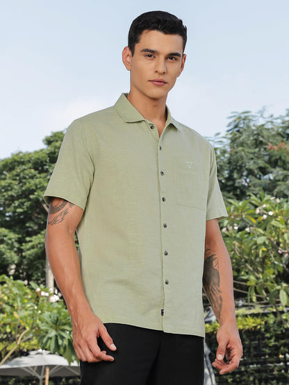 Thomas Scott Mens | Solid | Premium Irish Linen | Half Sleeve | Spread Collar | Casual | Shirt for Men Pista