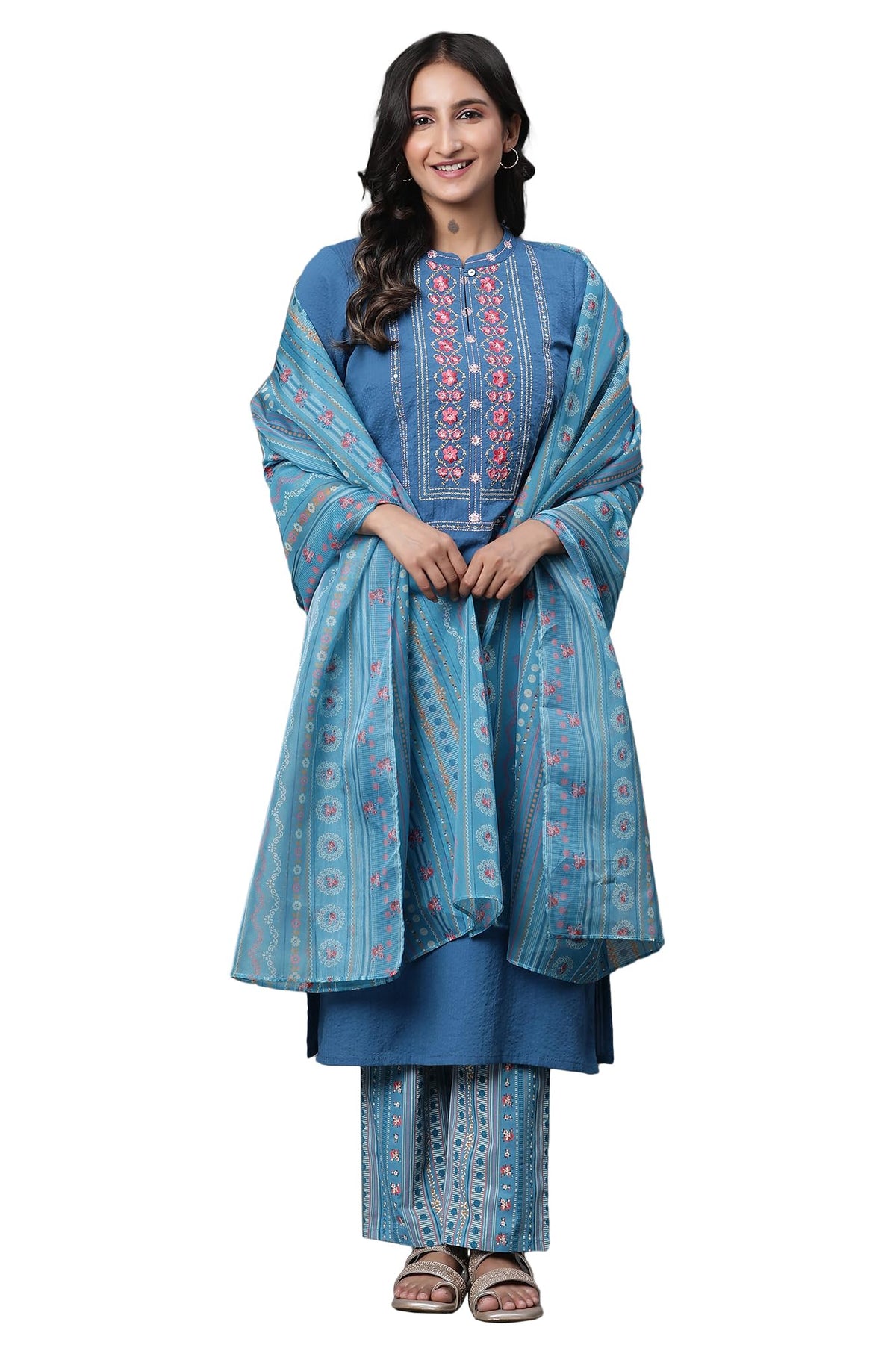 Aurelia Women Delphinium Blue Floral Printed Poly Organza Dupatta