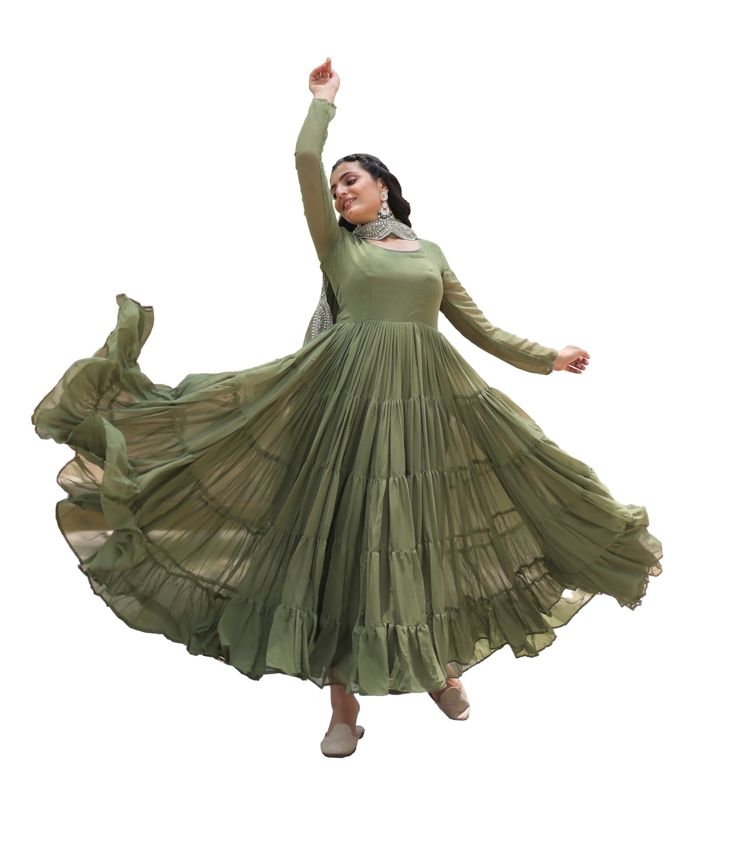 Fashion Basket WomenS Georgette Solid Anarkali Dress Green