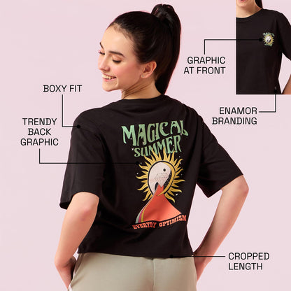 Enamor Womens Graphic Oversized Fit T-Shirt (E3G5_Jet Black Magical