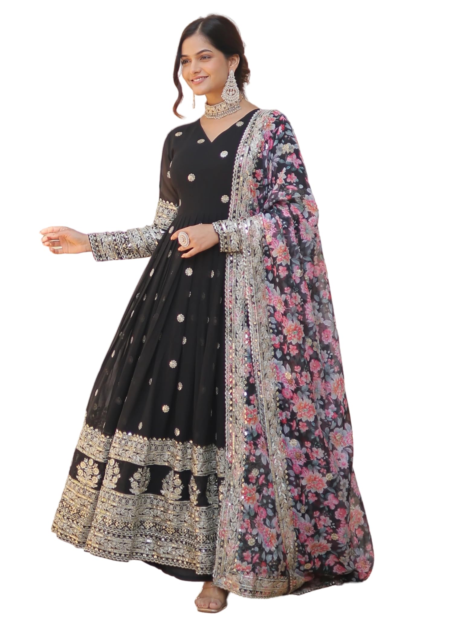 Fashion Basket Georgette Embroidered Dress For Women Black