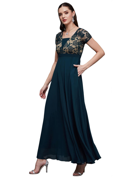 Miss Chase WomenS Square Neck Raglan Short Sleeve Self Design Lace Overlaid Georgette Maxi Dress With Pockets (Mcss22D06-48-83-