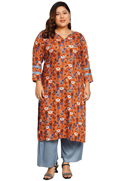 Tissu Women's Plus Size Orange & Blue Printed Kurta with Palazzo