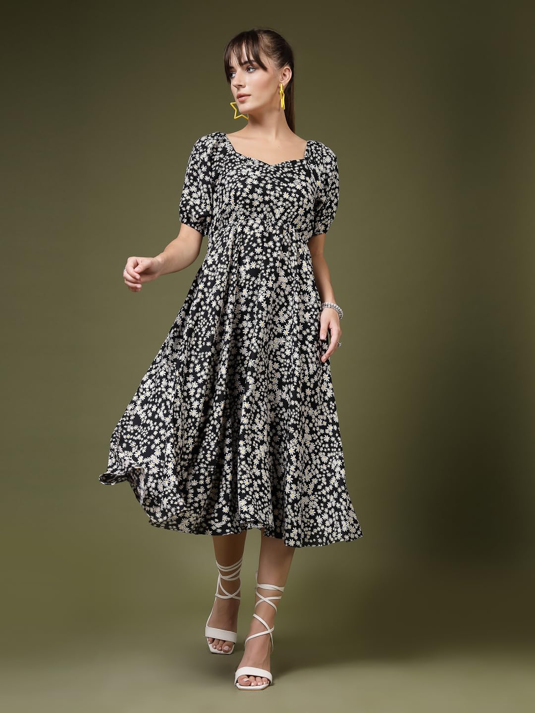 Oomph! Flared Dress For Women Stylish | Long One Piece For Women | Puff Sleeve Long Dress | Floral Print Maxi One Piece | Wester