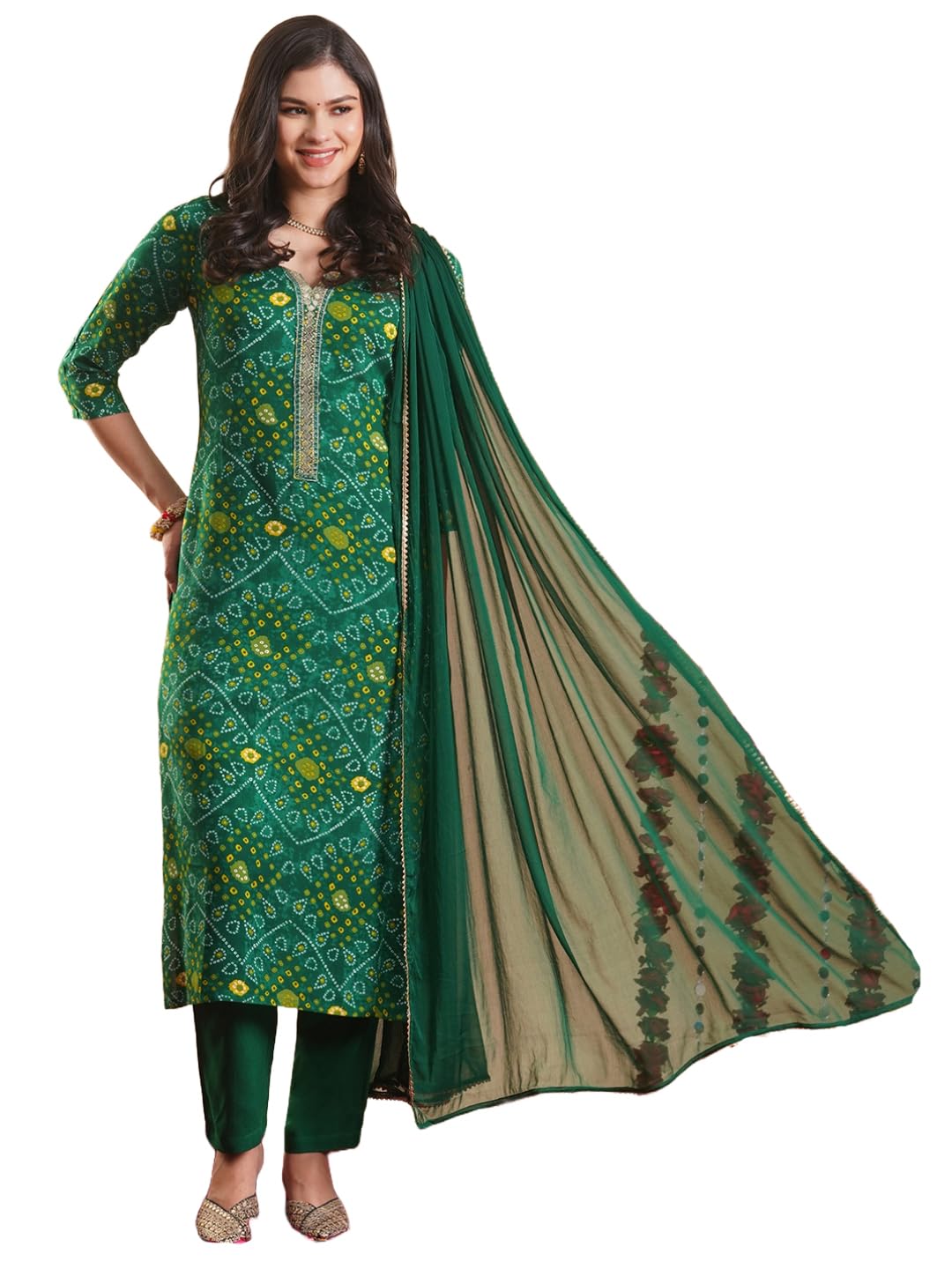 ANNI DESIGNER Women s Rayon Blend Kurta with Pants and Dupatta, Green, L