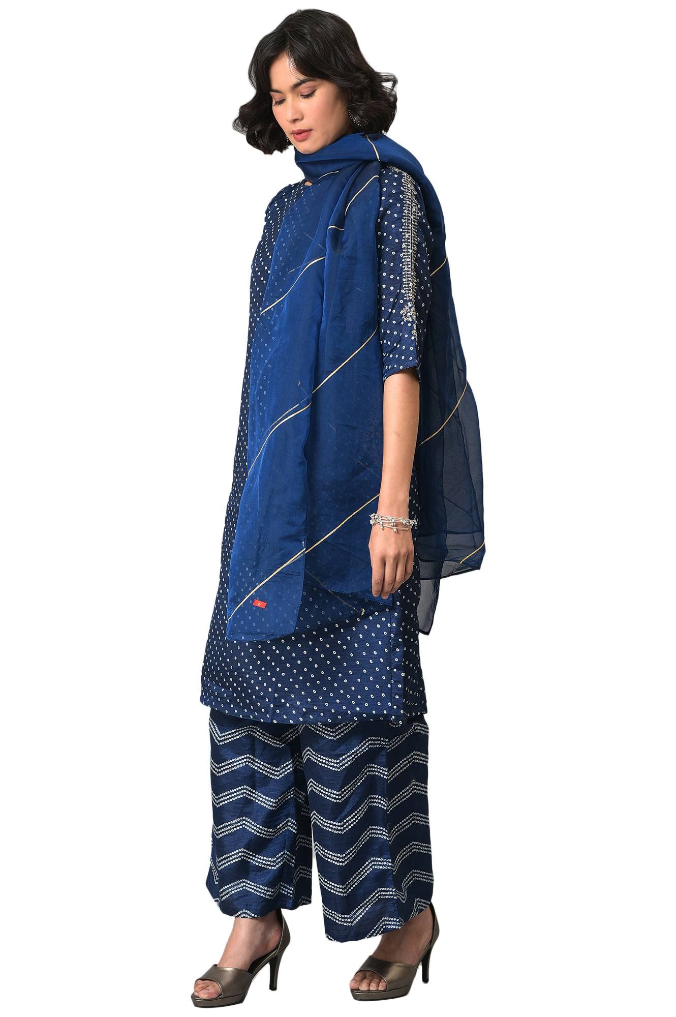 W For Woman Blue Bandhani Printed Kurta With Bandhani Pants And Organza Dupatta