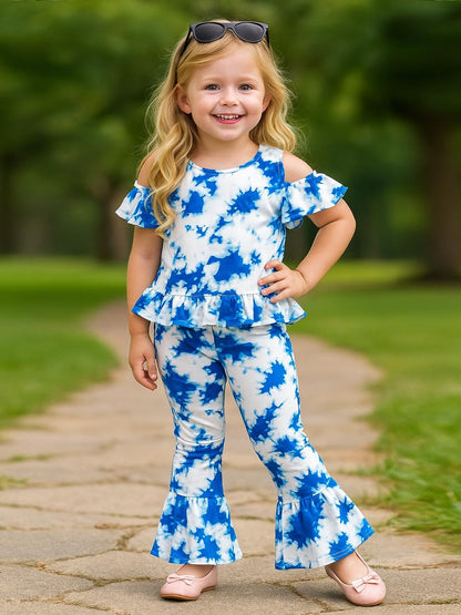 A.T.U.N. (ALL THINGS UBER NICE) Girls Blue Tie-Dye Cold Shoulder Peplum Top with Bell Bottom Pants | Stylish Co-ord Set for Kids