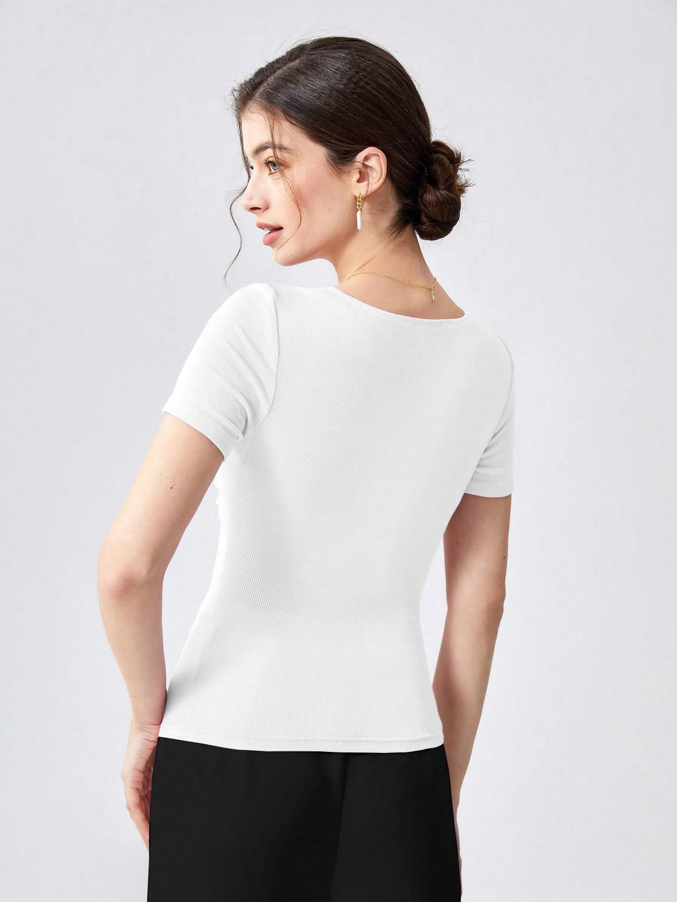 Shasmi Womens & Girls White Womens Summer Square Neck Solid Color Ruched Tee Workwear Pleated Casual t-Shirt for Women (Top 1