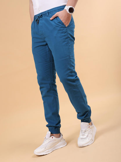 The Indian Garage Co Men Slim Fit Solid Mid-Rise Biker Mid Rise Joggers Azure
