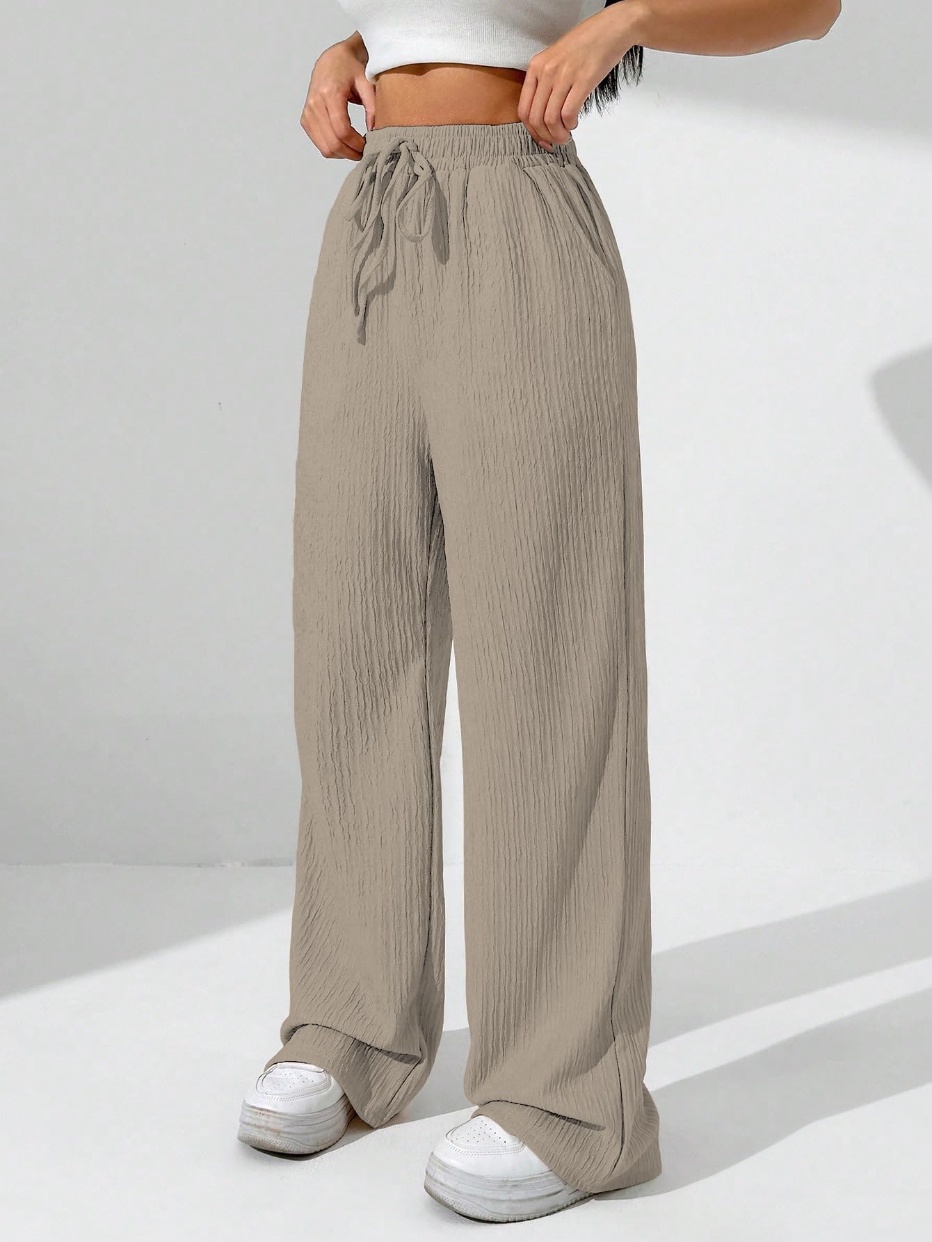 Sugathari Womens Beige Loose Wide-Leg Pants with Textured Wrinkled Fabric and Drawstring Waist Long Trousers (Trouser 157 Beige