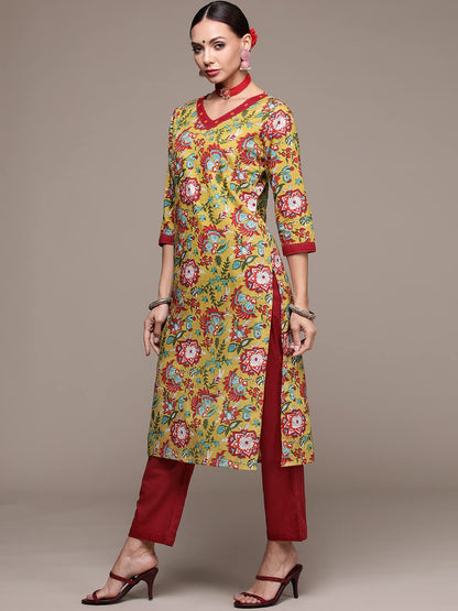 anubhutee Women's Cotton Green Floral Printed Straight Kurta Suit Set With Pants And Dupatta