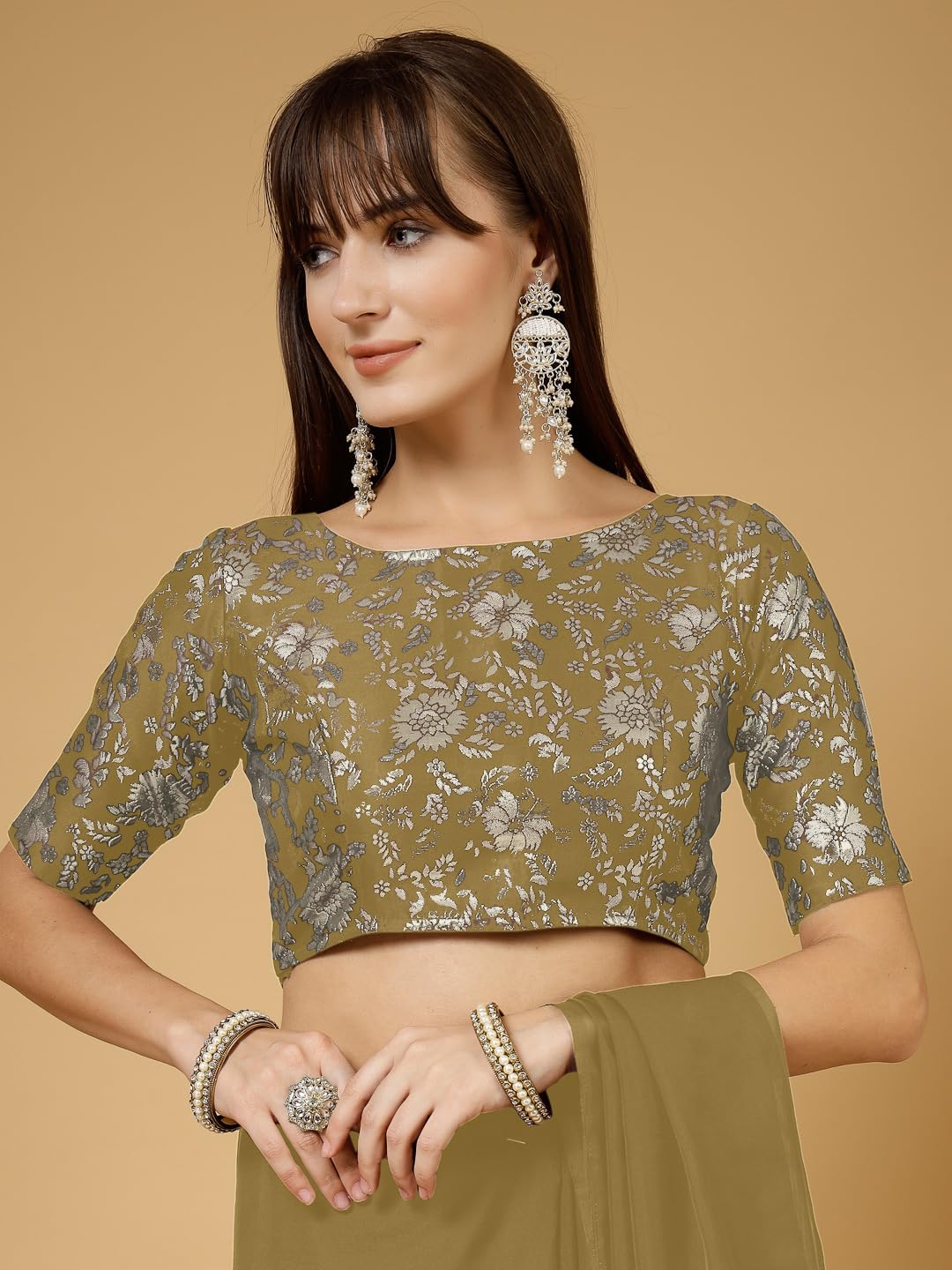 OOMPH! Womens Indian Ethnic Wear Designer Self Design Pattern Zari Work Boat Neck Half Sleeve Mehendi Green Color Jacquard Read