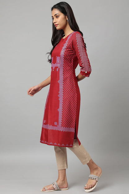 W For Woman Red Geometric Printed Regular Kurta with Gold Glitter Sequins