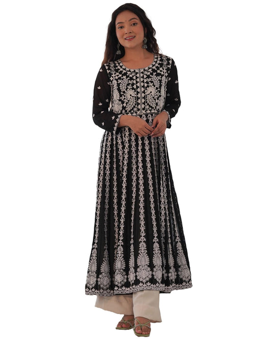 GoSriKi Women's Georgette Chikankari Embroidered Anarkali Kurta