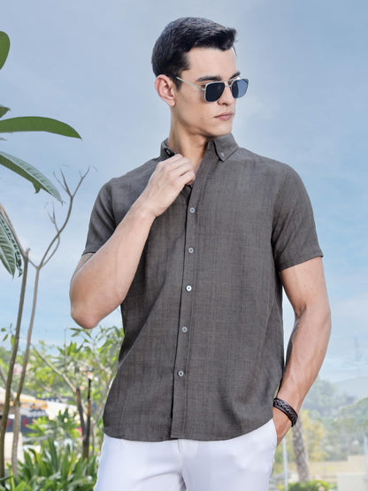 Thomas Scott Mens | Self Designed | Short Sleeves | Solid | Button Down Collar | Slim Fit | Polyster Blend | Shirt | (TS1717_Br