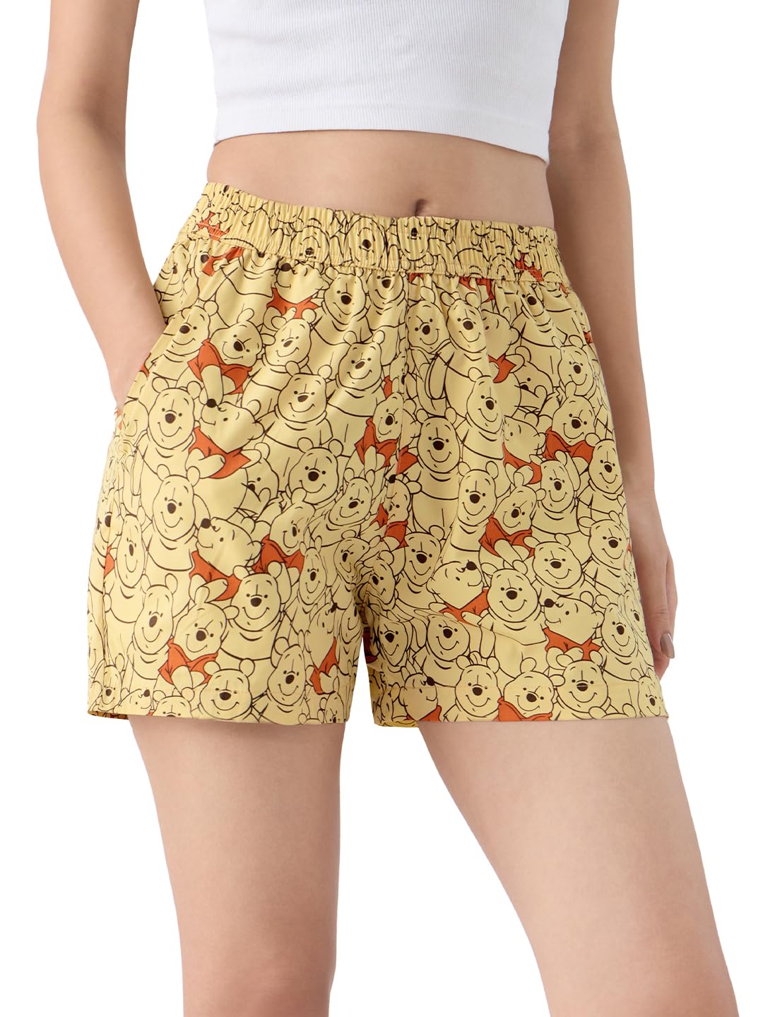 The Souled Store Winnie The Pooh: Bear-y Good Women and Girls Yellow All Over Printed Regular Fit Above The Knee Length Cotton B