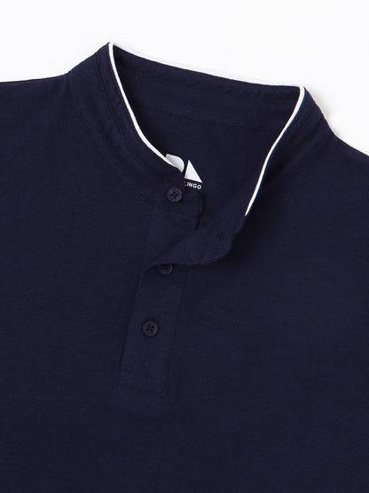 Dennis Lingo MenS Slim Fit Solid Navy Stand Collar T-Shirt