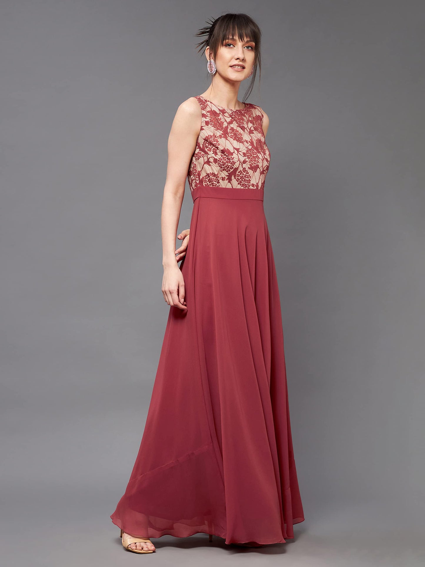 Miss Chase WomenS Round Neck Sleeveless Georgette Floral Lace Fit & Flare Maxi Dress Brick Red