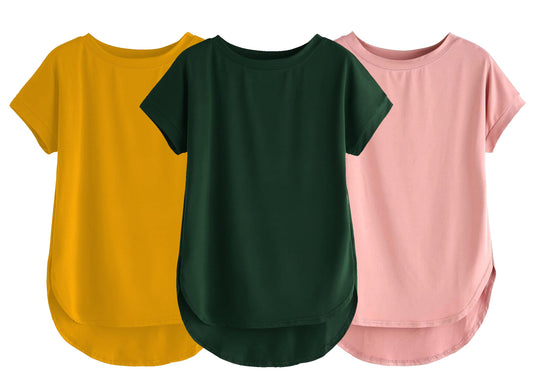 Fabricorn Combo Of Three Plain Bottle Green, Mustard Yellow And Dusty Rose Round Neck Up And Down Cotton Tshirt For Women (Bottl